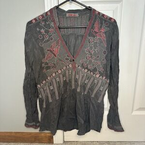 Johnny Was Vintage Charcoal Gray & Red Embroidered Bird Tunic | Cupra Rayon | Sm